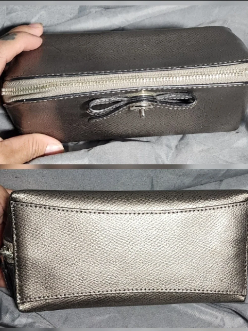 Coach Metallic Gunmetal Silver Leather Turnlock Cosmetic Pouch Makeup Bag Case